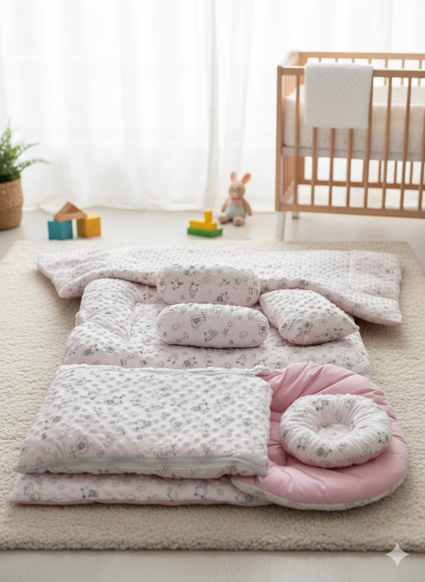 New Born Velvet  Bedding Set -  7 pcs - Pink - NBS01